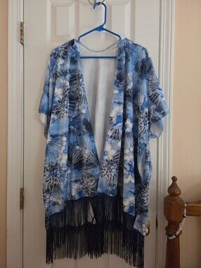 OSFM Blue Floral Fringe Bohemian Style Kimono Wrap